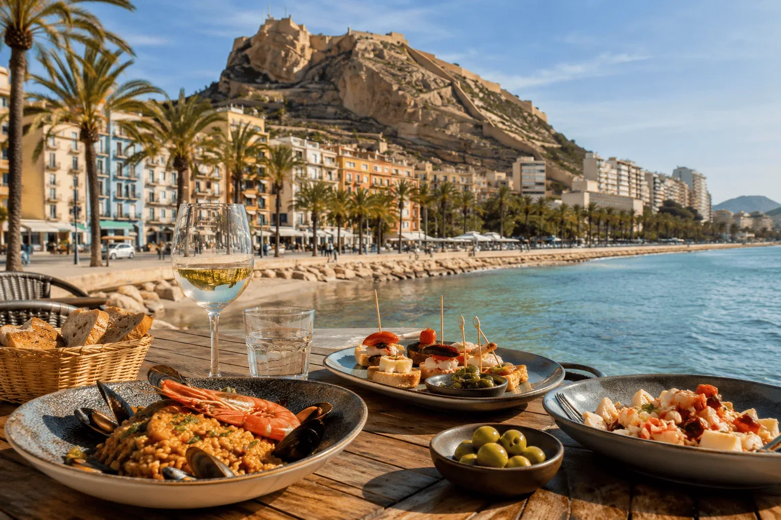 Alicante sahili, palmiye ağaçları ve Santa Bárbara Kalesi