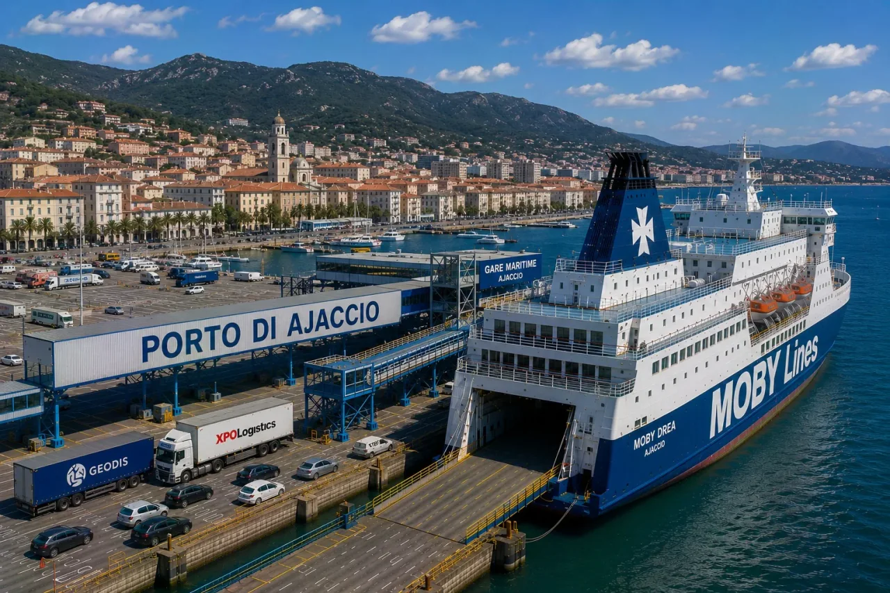 Korsika'daki Ajaccio feribot limanı ve sahili
