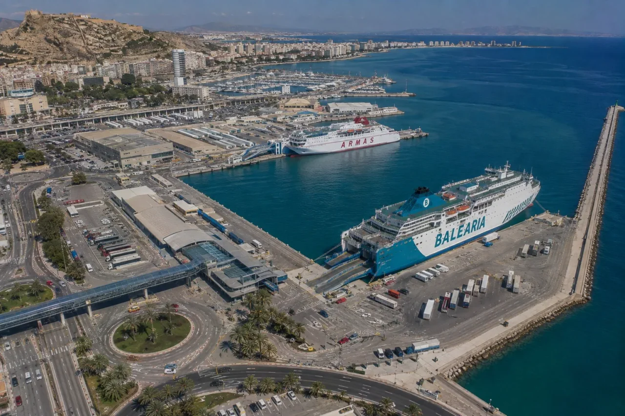 Alicante'deki yolcu feribot limanı ve sahili
