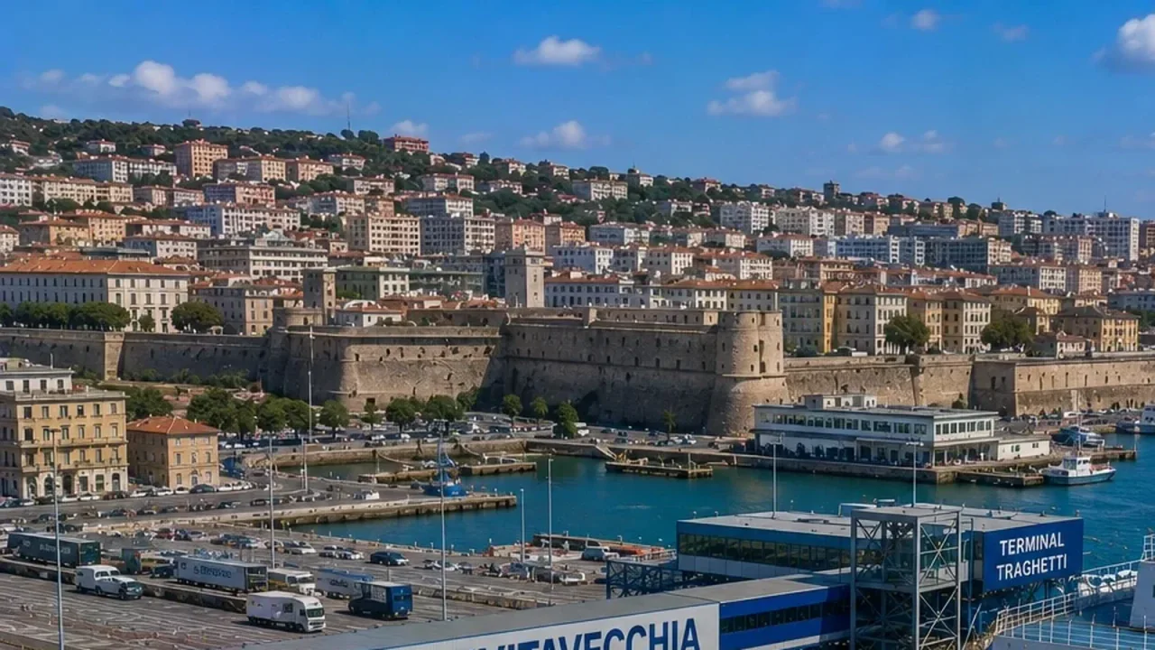 Civitavecchia feribot limanı ve şehir kıyısı, ilgisiz operatör markası olmadan
