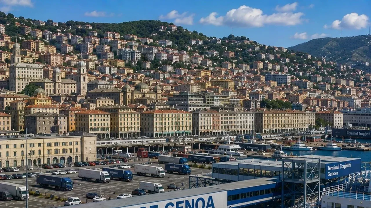 Liguria, İtalya'daki Cenova yolcu feribot terminali ve sahili
