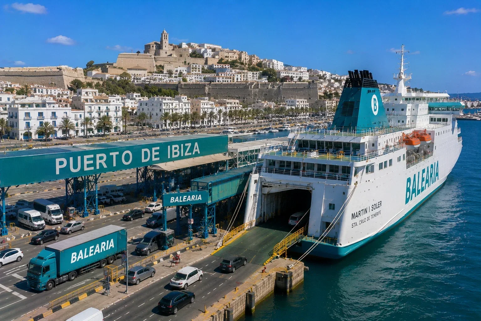 İbiza Kasabasındaki İbiza Limanı'na yolcu feribotu yanaşmaları