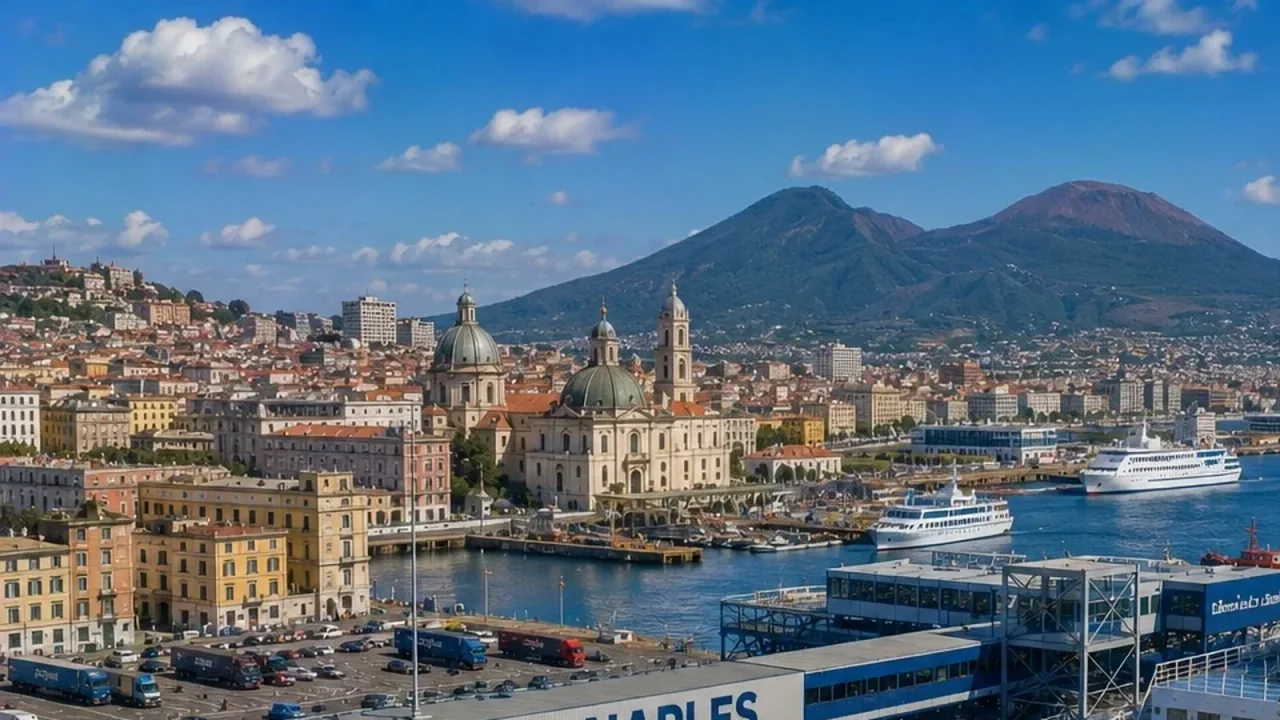Napoli feribot terminali Mount Vesuvius ve şehir sufront