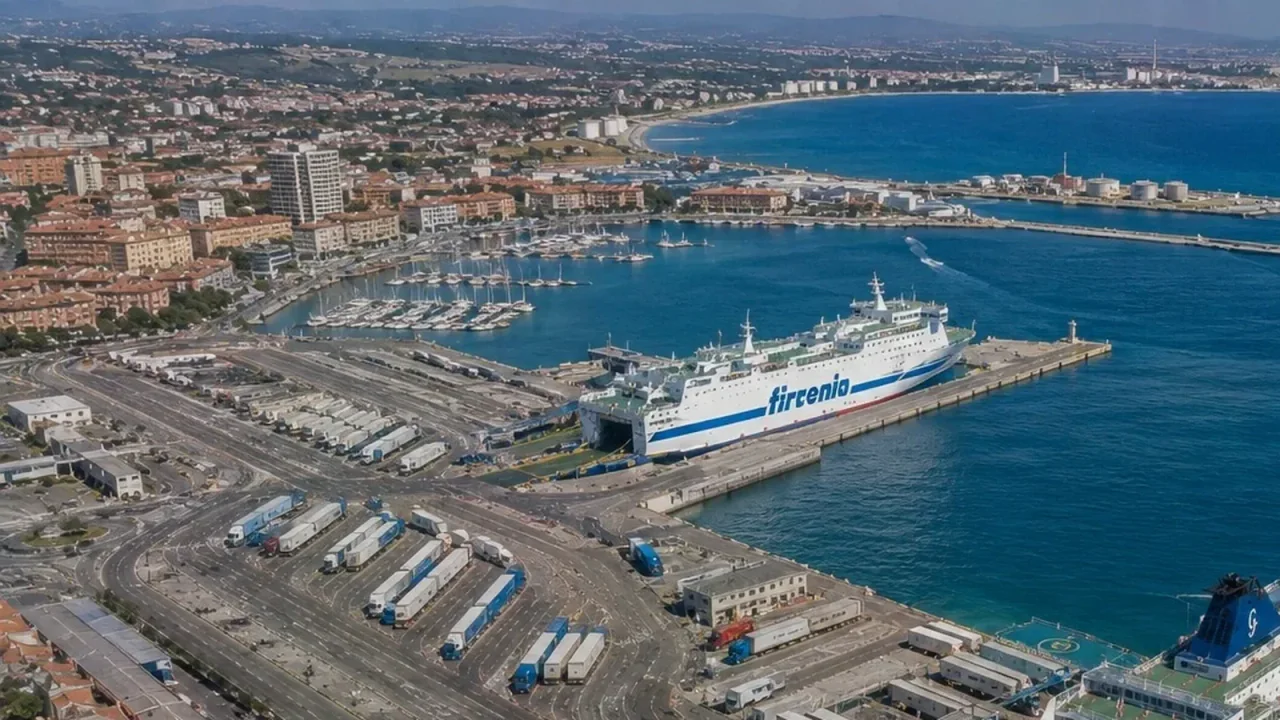 Porto Torres feribot terminali ve limanının havadan görünümü