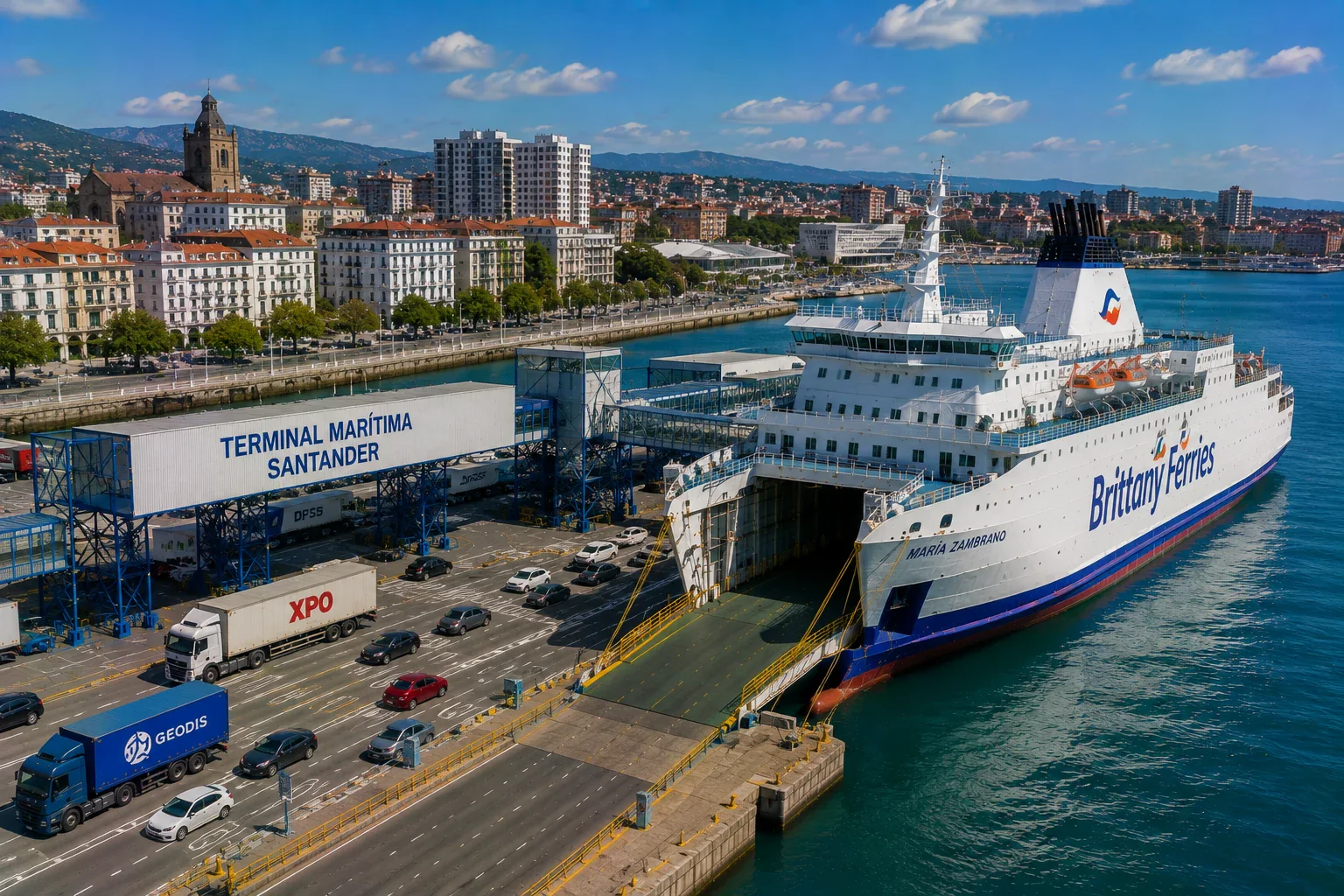 Santander feribot limanı ve şehir su açık kuzey İspanya'da
