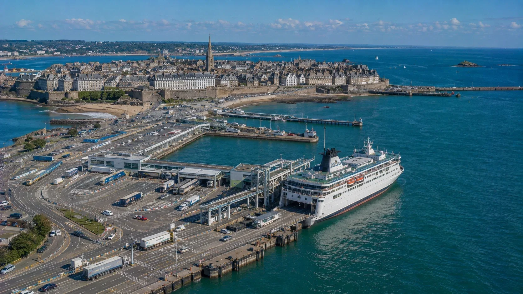 St Malo feribot terminali ve Brittany'de liman manzarası